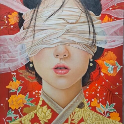 Floral Veil – Original Modern Mixed Media Portrait (100x120cm)