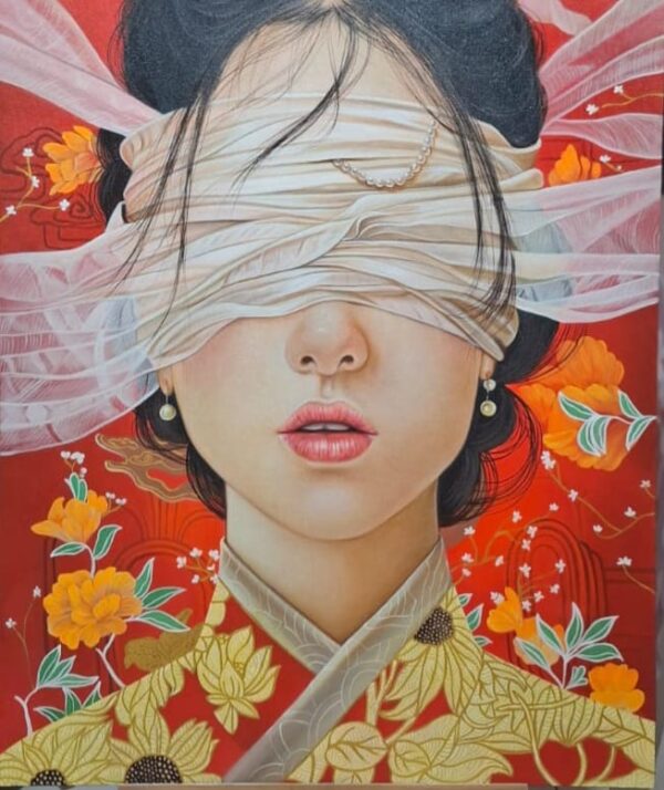 Floral Veil – Original Modern Mixed Media Portrait (100x120cm)