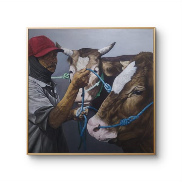 Man with Two Cows – Original Oil on Canvas  (135x135cm)