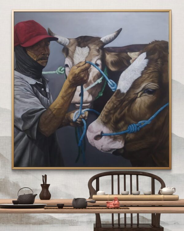 Man with Two Cows – Original Oil on Canvas  (135x135cm)