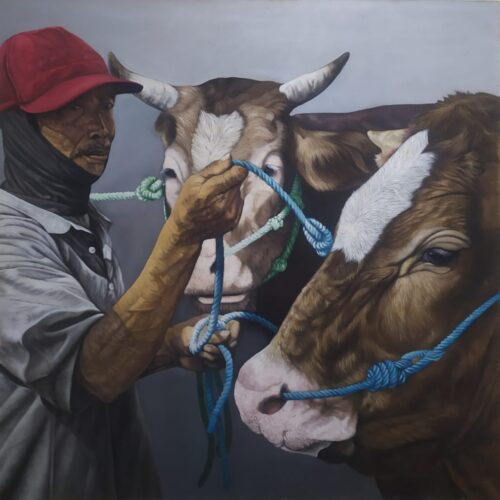 Man with Two Cows original oil painting Indonesia herder in red cap brown and white cows blue ropes 135x135cm
