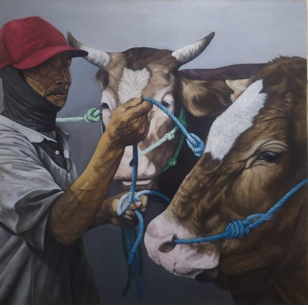Man with Two Cows original oil painting Indonesia herder in red cap brown and white cows blue ropes 135x135cm