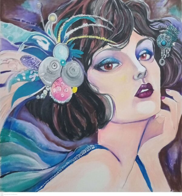 Original Abstract Portrait Painting 80x80cm – Contemporary Female Artwork, Modern Wall Art, Blue & Purple Canvas, Large Statement Piece